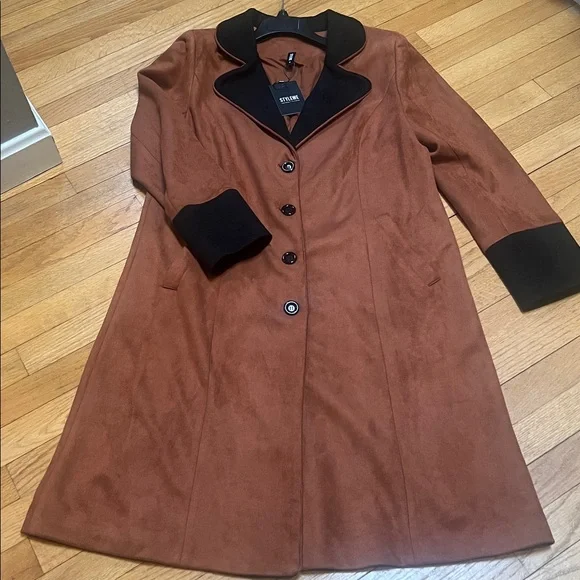 Women’s Suede Trench Coat with Black Trim - Rust - Picture 1 of 5
